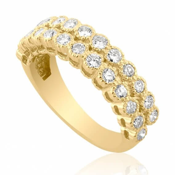 טבעת אירוסין וינטאג' מפוארת שתי שורות יהלומים זהב צהוב
