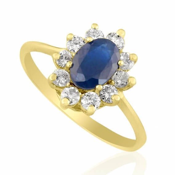 טבעת יהלומים בשילוב אבן ספיר כחולה רוז 1.68 קראט זהב צהוב