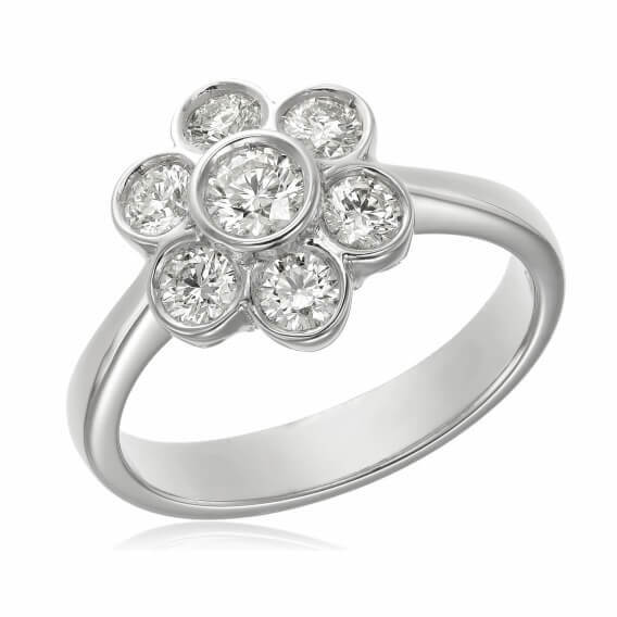 טבעת יהלומים עדינה זהב לבן בעיצוב פרח