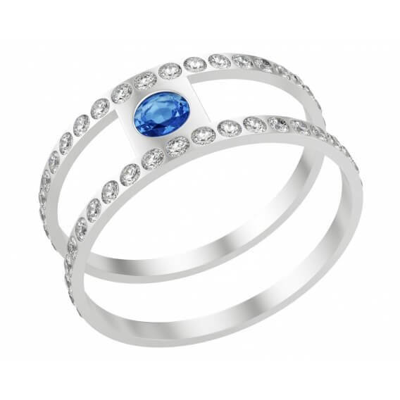 טבעת מעוצבת בשילוב זהב לבן ויהלומים ספיר כחול 28 נקודות