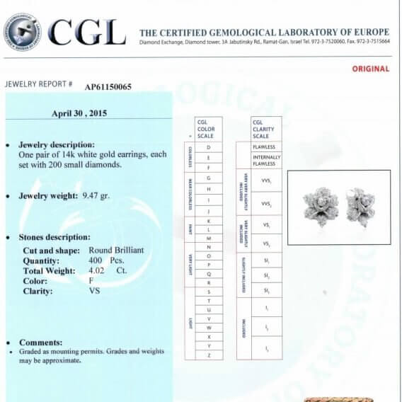 עגילי יהלום צמודים בשיבוץ 400 יהלומים וזהב 4.02 קראט